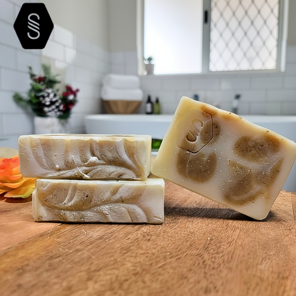 Soaps sitting on the counter in the bathroom.