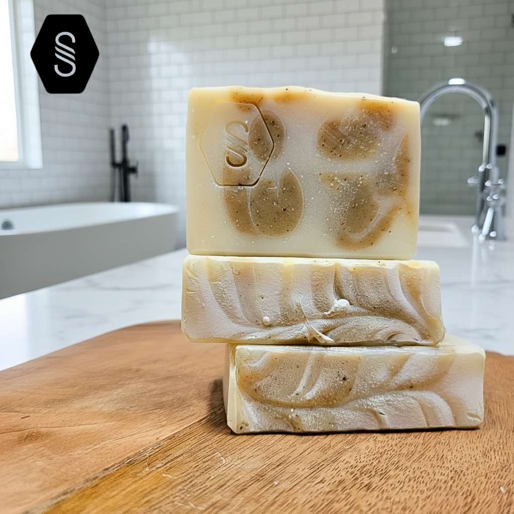 Three bars of soap stacked on a wooden surface with a blurred background