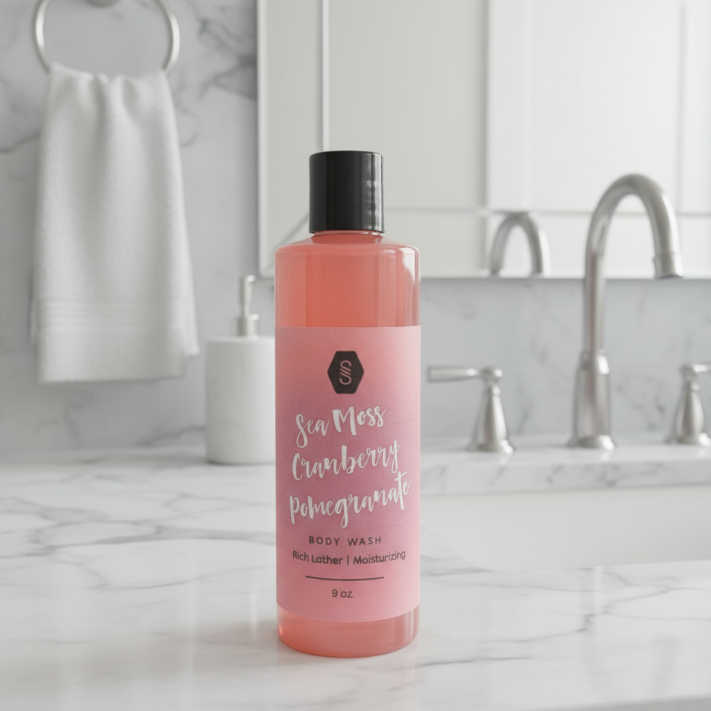 Pink bottle of Sea Moss Cranberry Pomegranate body wash on a bathroom counter.