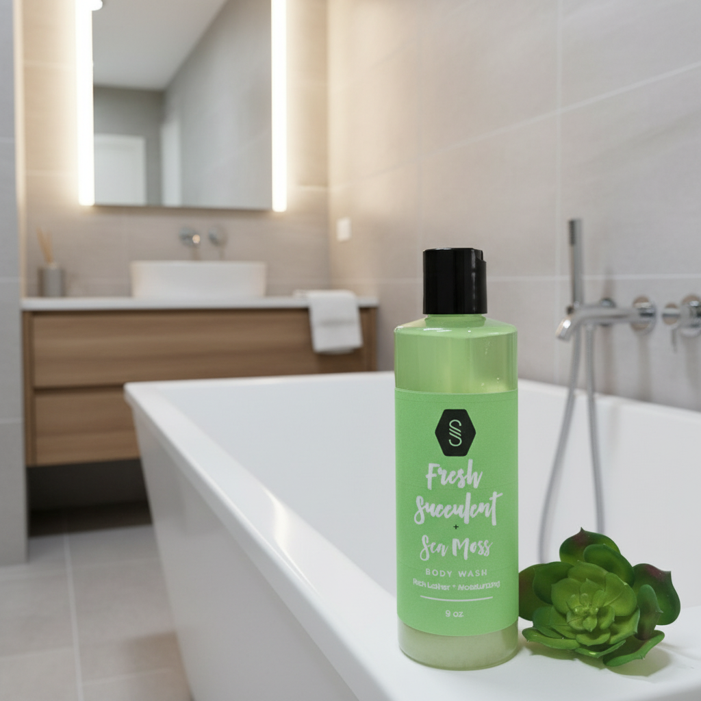 Green bottle of 'Fresh Sweetened Sea Moss' body wash with a succulent plant on a white surface.