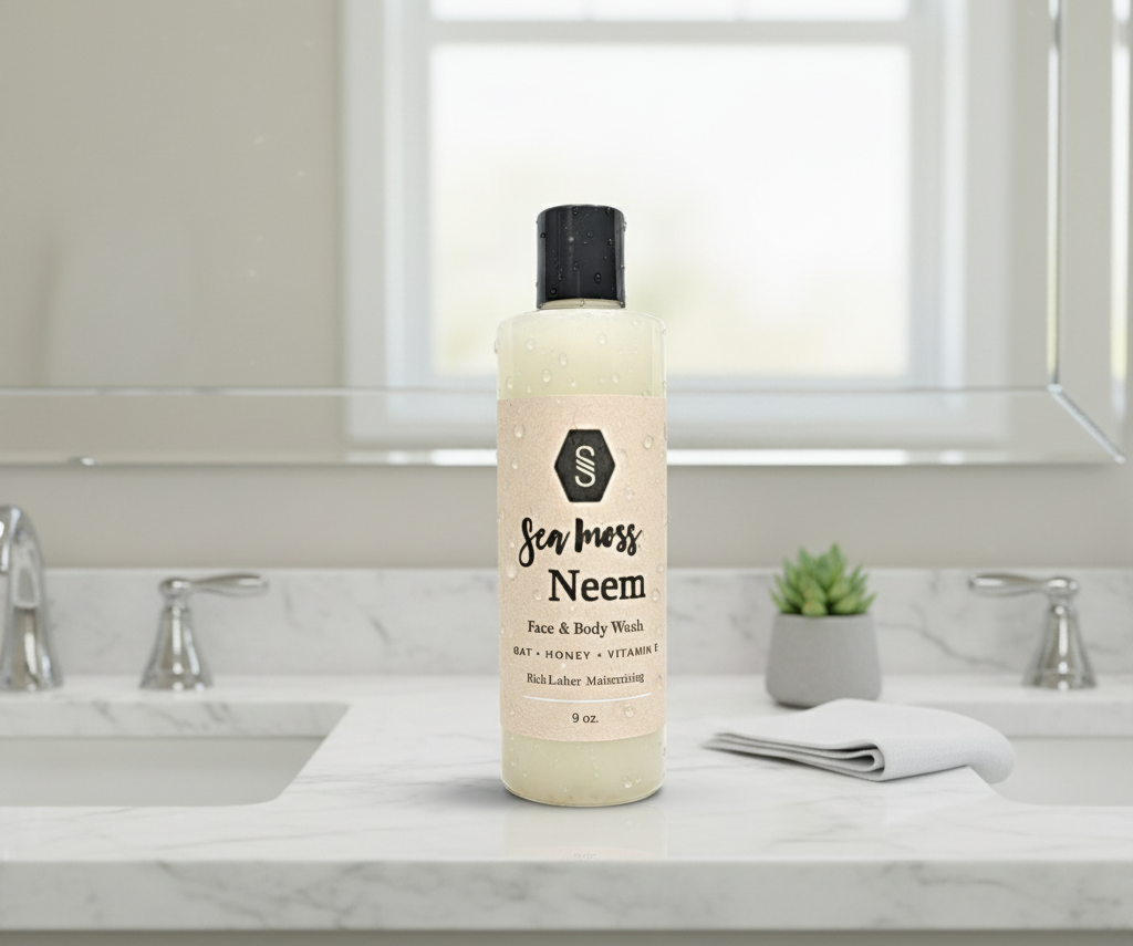 A bottle of Sea Moss Neem Body Wash with a beige label and black cap, on a white background.
